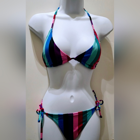 Colorful Striped String Bikini Top and Bottom Set. Multicolor. Adjustable Bikini - Picture 2 of 6